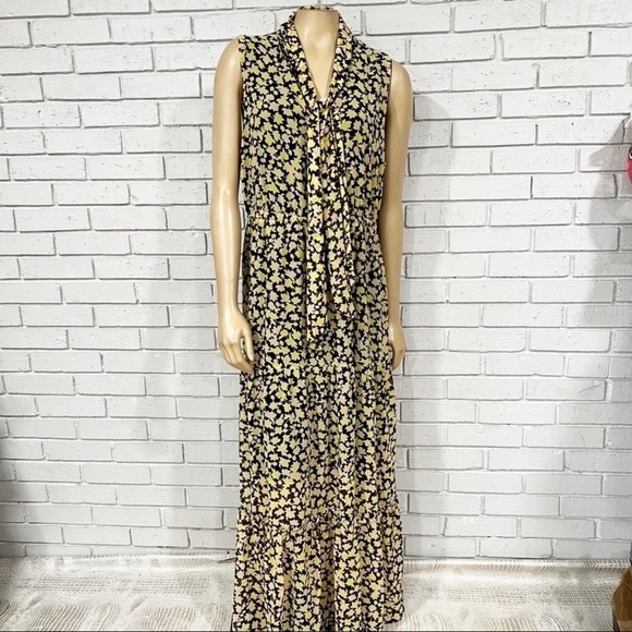 Who What Wear Dresses & Skirts - Who What Wear Yellow Floral Tie Neck Tiered Maxi Dress Sleeveless Black | Large